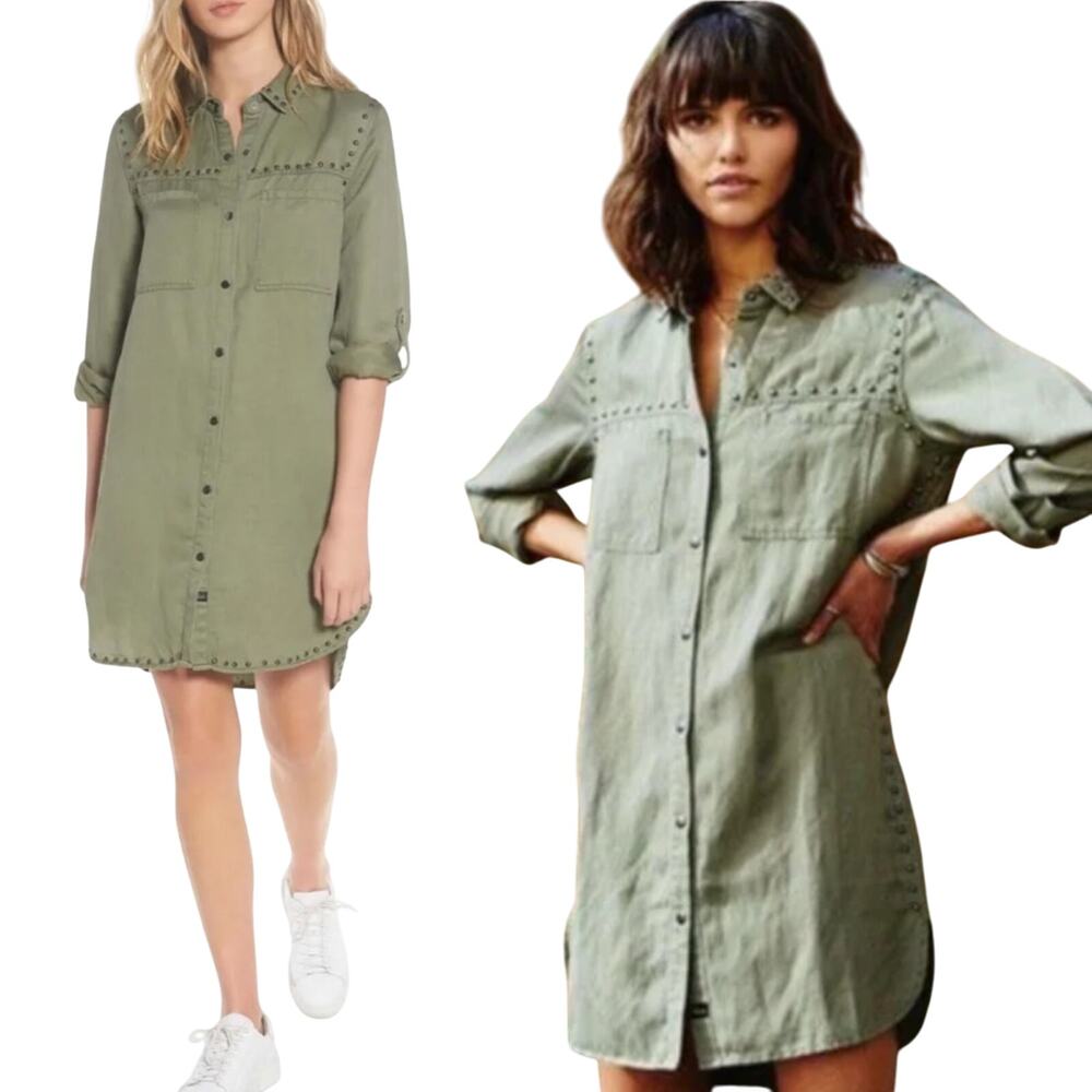 Rails Bowie Shirt Dress Studded Trim Linen Snap Front Long Sleeve Sage Green XS